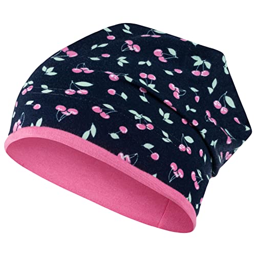 Mädchen Mütze Beanie Übergangsmütze Erdbeeren Blumen Frühling Herbst, Größe: 54/56, Farbe: Dunkelblau-Rosa von Maja