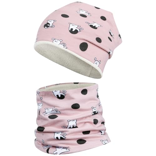 Maja Mädchen Junge Baby Wintermütze + Schlauchschal Winterset Beanie Snood gefüttert, Größe: 46-48, Farbe: Rosa Hunde von Maja