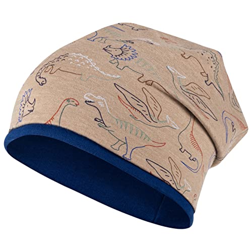 Mütze Junge Übergang Stoffmütze Beanie Kindermütze Baby Allover-Print Monster Dinosaurier, Größe: 50-52, Farbe: beige-blau von Maja