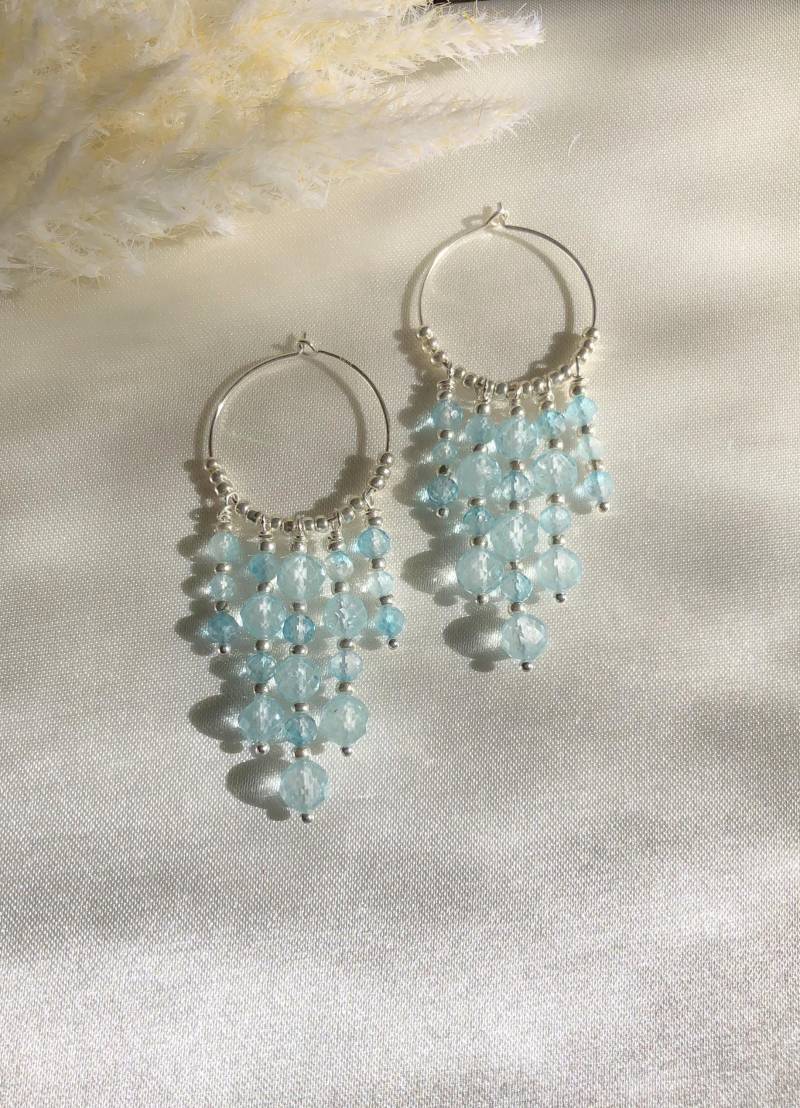 925 Sterling Silber Creole Mit 38 Mikrofacettierten Auqamarin-Perlen von MajaCelineDE