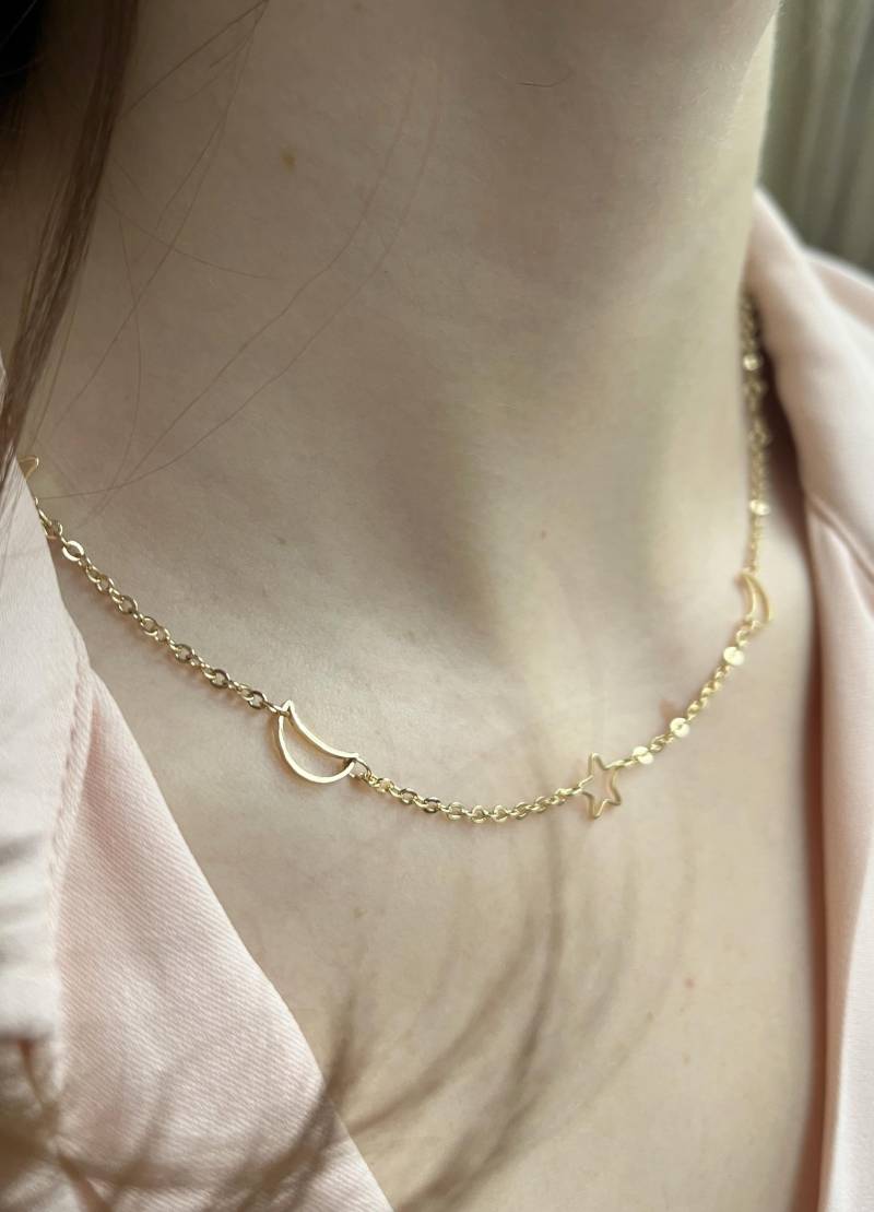 Goldkette Kette Gold Mit Stern Und Halbmond, 24 Karat, Verschluss 925 Sterling Silber, Halskette Zart Gold, Mond, Stern von MajaCelineDE