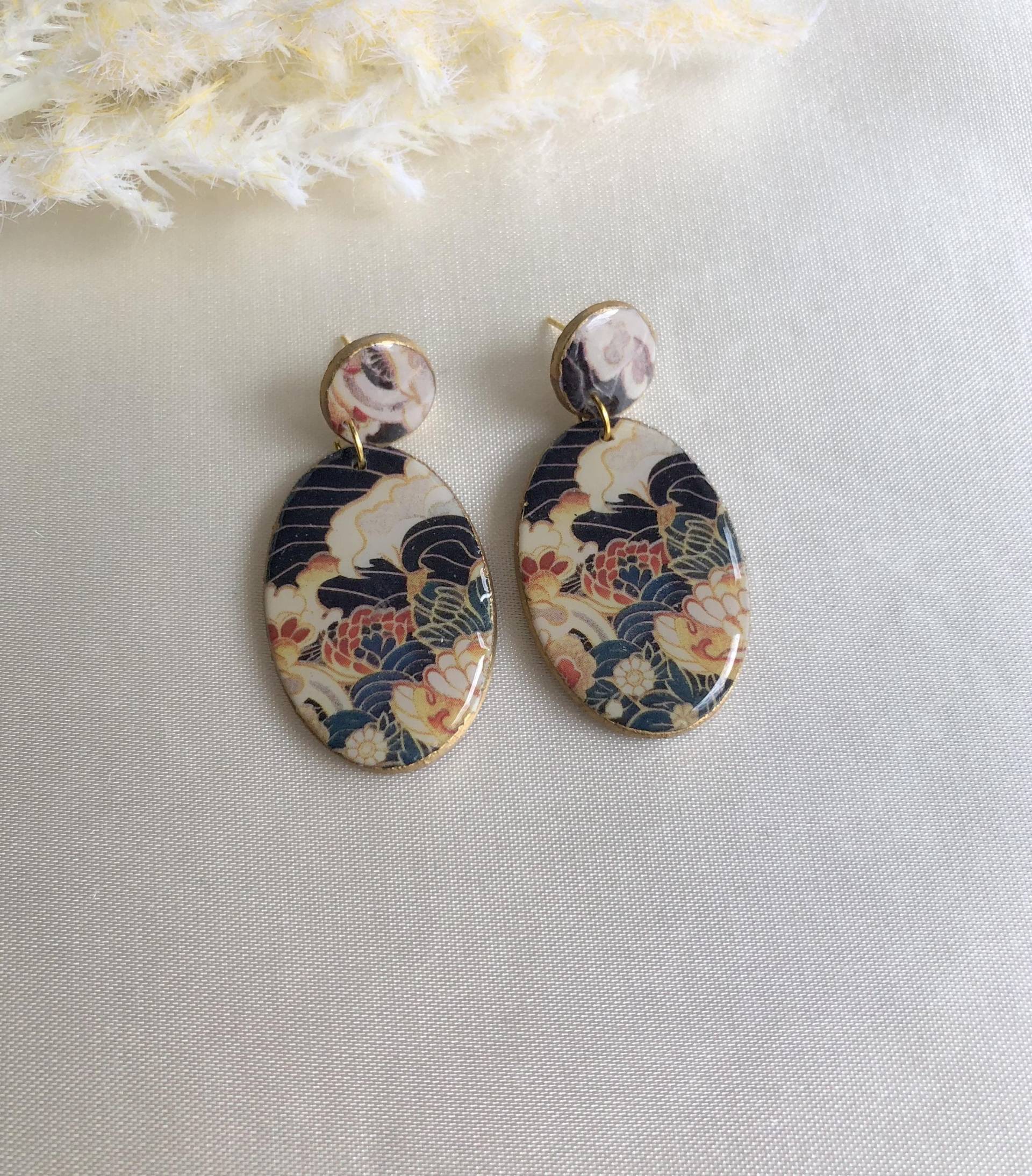 Polymer Clay Ohrringe Sara 24 Karat Vergoldet Creme, Beige, Orange, Schwarz, Ohrschmuck, Oval, Aus von MajaCelineDE