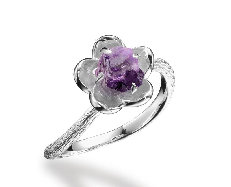 Blume Verlobungsring Roher Amethyst Kristall-Alternative Ehering-Blumen Pflanze Vorschlag Ring Braut-Natur Inspiriert Ring-Zweig Zweig von MajadeJewelryDesign