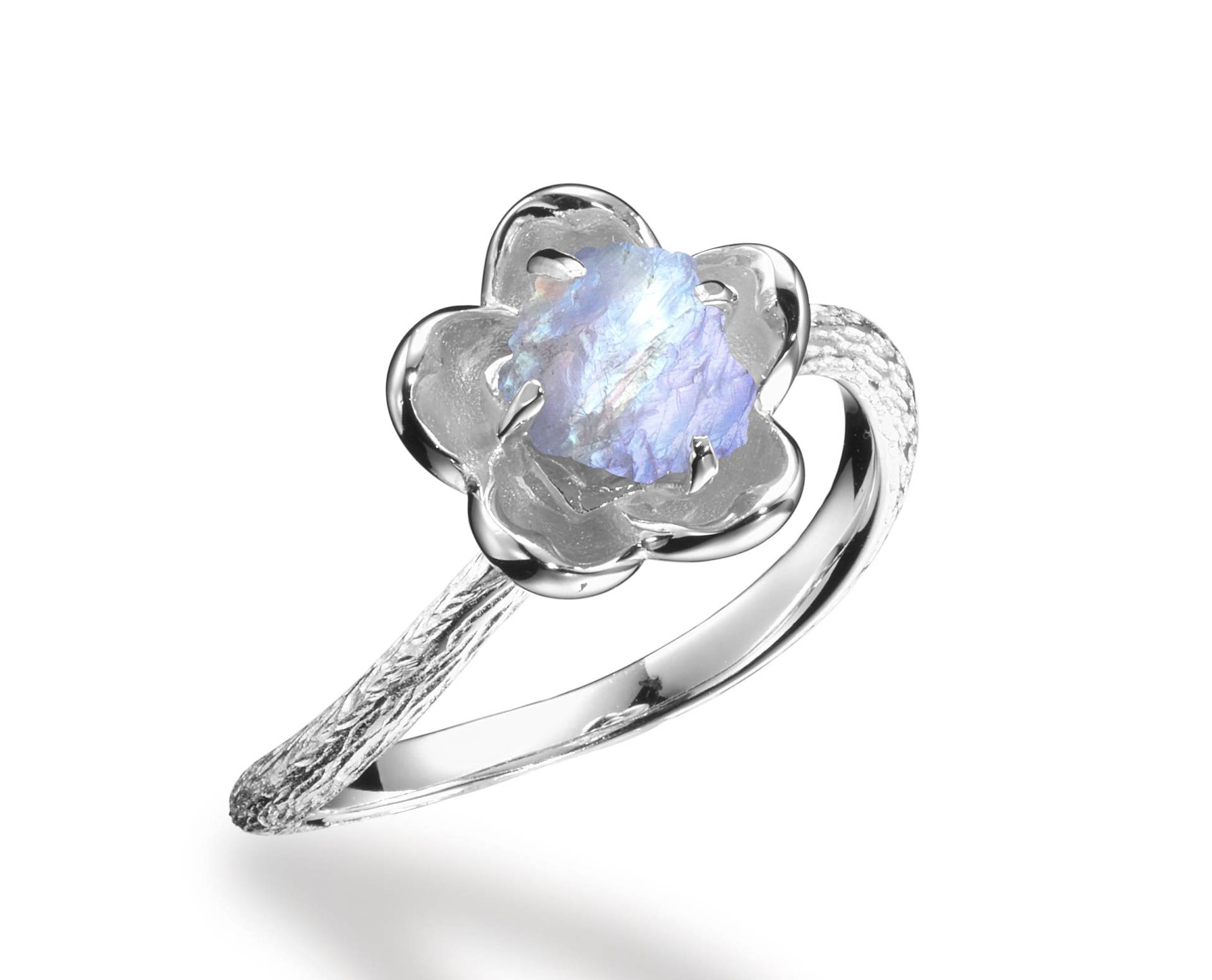 Blume Verlobungsring Roher Mondstein Kristall-Alternative Ehering-Blumen Pflanze Vorschlag Ring Braut-Natur Inspiriert Ring-Zweig Zweig von MajadeJewelryDesign