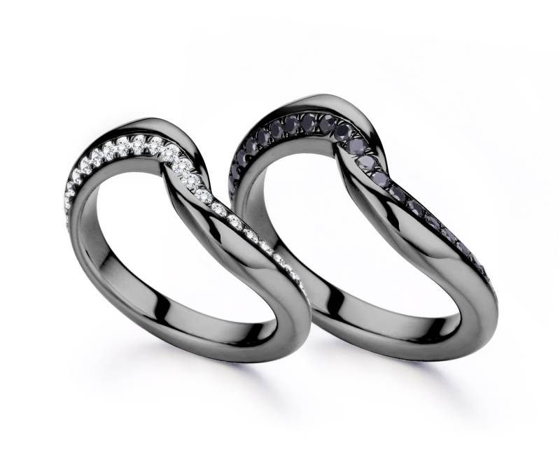 Passende Eheringe, Diamant-Ringe-Set, 14 K Gold Schwarze Ringe Set, Seine Und Ihre Diamant-Verlobungsringe, Paare Ring-Set von MajadeJewelryDesign