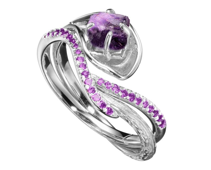 Personalisierte Verlobungsring Und Eheringe Set Fertigen Besonders An-Solitärring Mit Passendem Band-Blume Ring Blumen-Rustic Braut-Amethyst von MajadeJewelryDesign