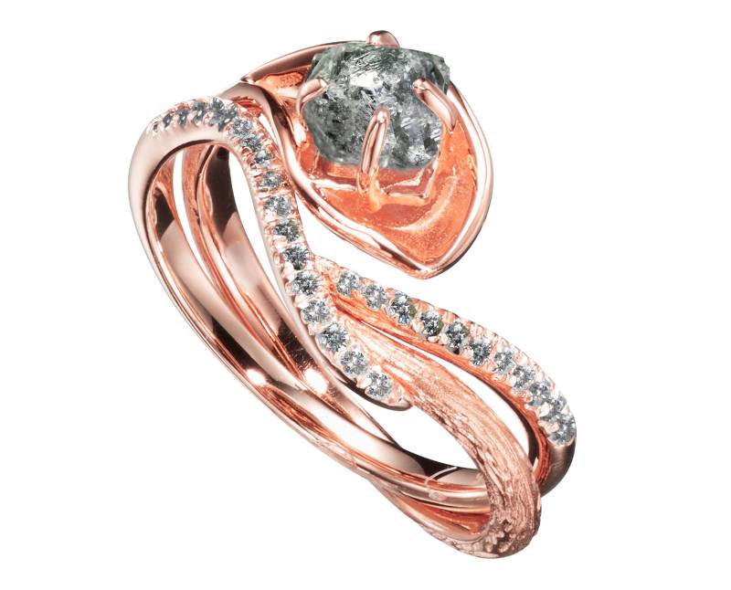 Rohdiamant Verlobungsring Und Trauringe Set-Passendes Brautband-Solitär Salz Pfeffer Diamant Ring Mit Enhancer-Blumenring von MajadeJewelryDesign