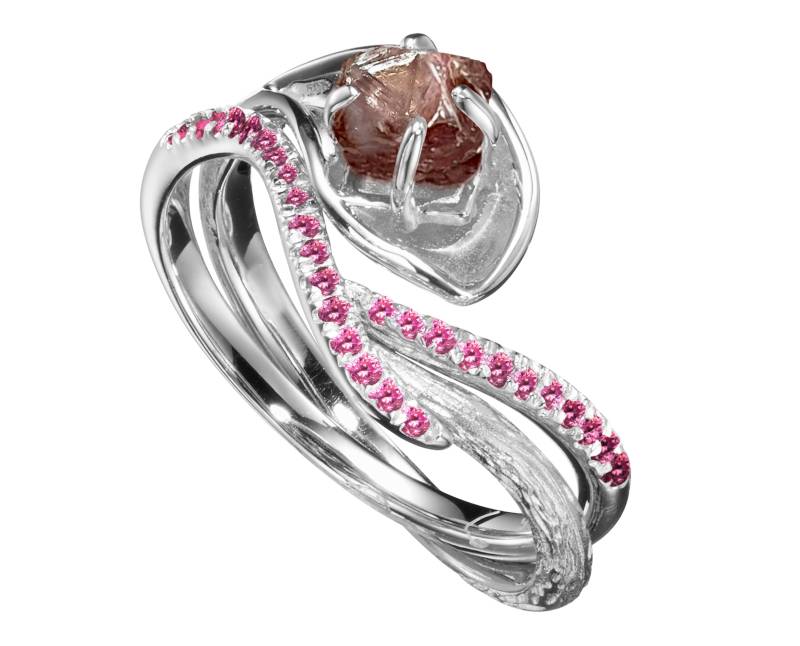 Rohrosa Diamant Verlobungsring Und Trauringe Set-Passendes Brautband-Solitär Ring Mit Aufwertung-Blumenring Floral-Rustikal Braut von MajadeJewelryDesign