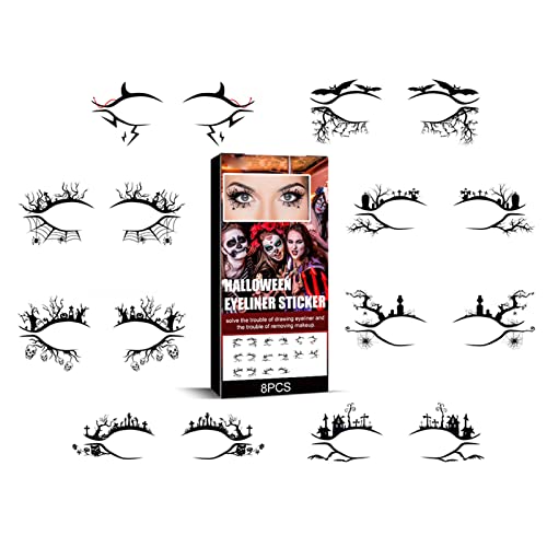 Majatou 8 Blätter Halloween Lidschatten Temporäre Tattoos Halloween Eyeliner Aufkleber Klassiker Schwarzer Fledermausspider Scary Stylish Eyeliners Tattoo Aufkleber für Kostümparty von Majatou