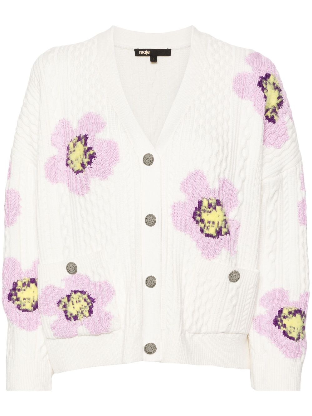 Maje Zopfmuster-Cardigan mit Blumen-Intarsie - Weiß von Maje