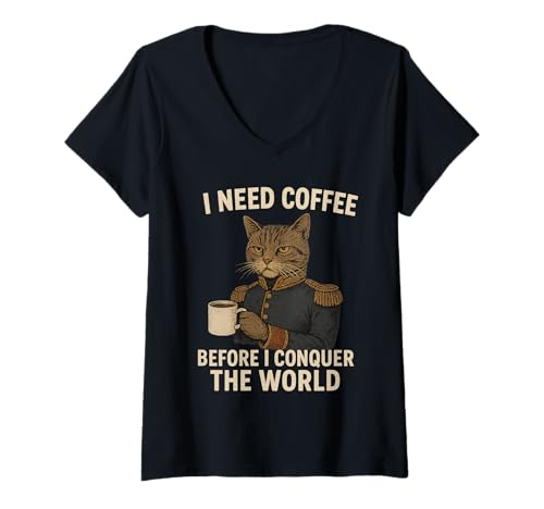 Damen Königliche Katze mit Kaffee - lustiger Caféliebhaber und T-Shirt mit V-Ausschnitt Damen Königliche Katze mit Kaffee - lustiger Caféliebhaber und T-Shirt mit V-Ausschnitt von Majestätische Bohnen mit Katze
