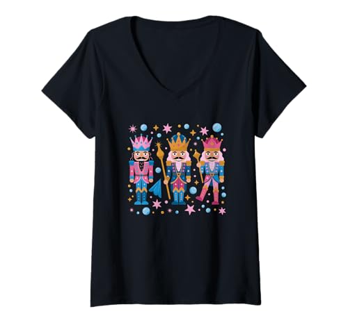 Damen Nussknacker King Trio Magical Holiday Charm T-Shirt mit V-Ausschnitt von Majestic Nutcracker Kings Royal Ballet Icons