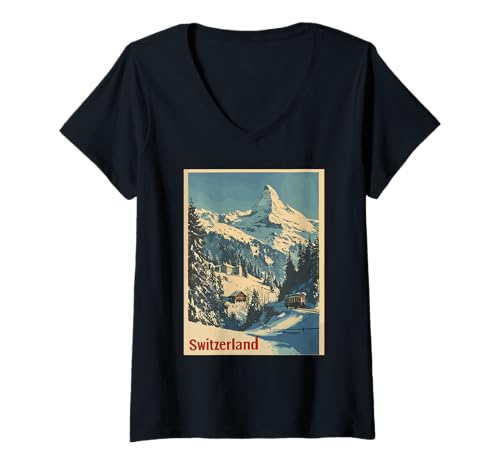 Damen Majestätische Bergszene der Schweiz T-Shirt mit V-Ausschnitt Damen Majestätische Bergszene der Schweiz T-Shirt mit V-Ausschnitt von Majestic Swiss Mountain Landscape Views