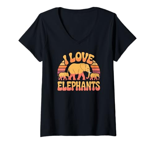 Damen Ich Liebe Elefanten, Retro-Design mit Tiermotiv T-Shirt mit V-Ausschnitt Damen Ich Liebe Elefanten, Retro-Design mit Tiermotiv T-Shirt mit V-Ausschnitt von Majestic Wildlife Graphic Elephant Lovers
