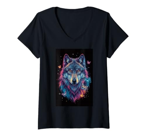 Damen Magischer Wolf Nachtwald Wildtierwächter T-Shirt mit V-Ausschnitt Damen Magischer Wolf Nachtwald Wildtierwächter T-Shirt mit V-Ausschnitt von Majestic Wolf Animal Butterflies Fur Moonlit