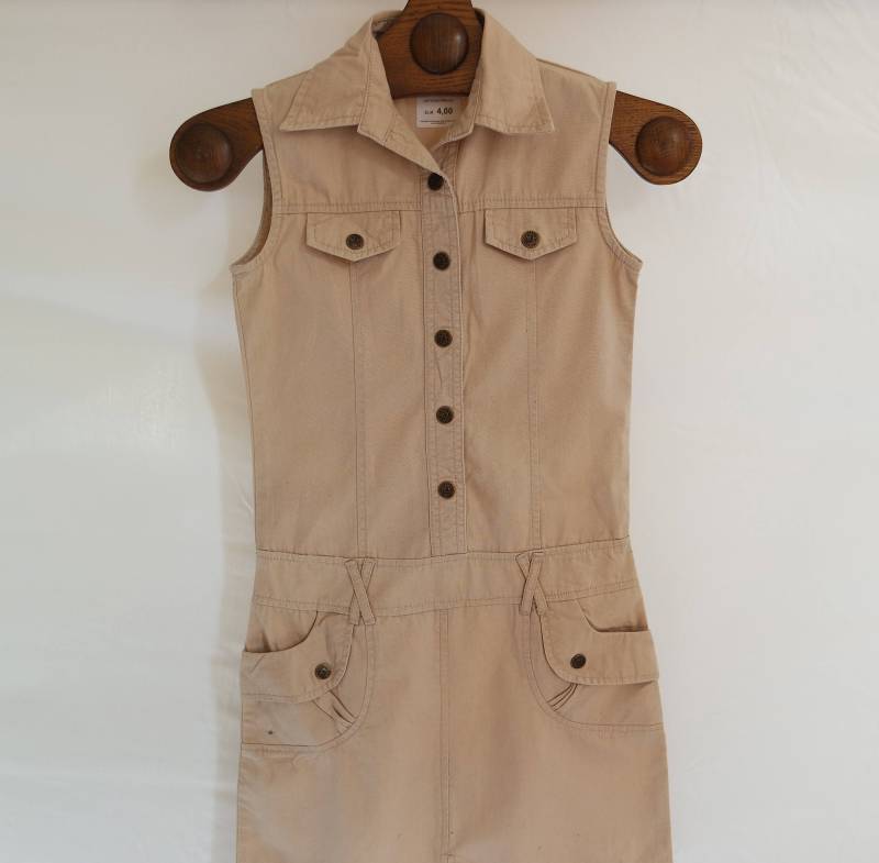 Vintage Denim Beige Kleid Button Up Sarafan Jeans Mini Sommerkleid Xs Shirt von MajesticOwlet
