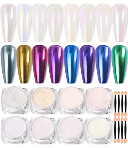 8 Jar Pearl Powder Nail Chrome Puder Reflektierender Spiegeleffekt Glitter Laser Powder mit 8 Lidschatten Pinsel Glitzer Pulver Glitzerpude Holographic Nail Powder von Major Dijit