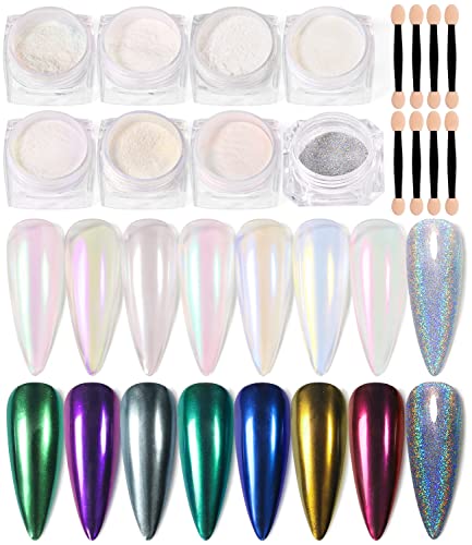 8 Jar Pearl Powder Nail Chrome Roségold Lila Holografischer Regenbogen Puder Reflektierender Spiegeleffekt Glitter Laser Powder mit 8 Lidschatten Pinsel von Major Dijit