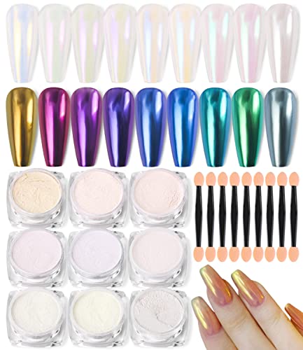 9 Stücks Chrome Nagelpuder Nail Chrome Roségold Lila Reflektierender Spiegeleffekt Glitter Laser Powder mit 9 Lidschatten Pinsel von Major Dijit