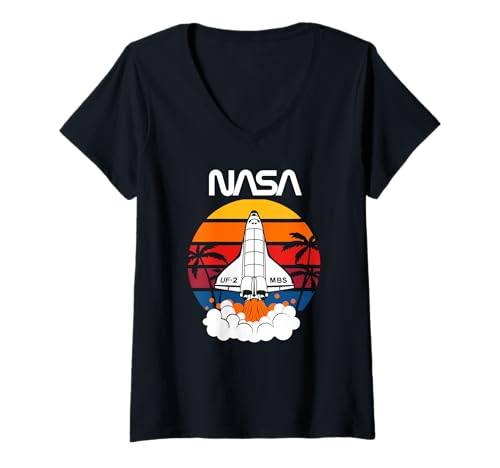 Damen NASA - Rocket Into The Sunset, weiß T-Shirt mit V-Ausschnitt Damen NASA - Rocket Into The Sunset, weiß T-Shirt mit V-Ausschnitt von Major Future Weltraumforscher NASA Shop