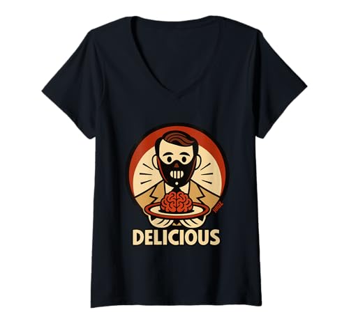 Damen Cartoon Mann mit Verkleidung serviert Gehirn auf Teller T-Shirt mit V-Ausschnitt Damen Cartoon Mann mit Verkleidung serviert Gehirn auf Teller T-Shirt mit V-Ausschnitt von Makaberer Horror Film und Retro Food Humor