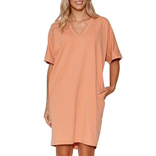 Makadamia Damen Kleid | Größe 40/42 | Farbe: Apricot | Übergröße | Gestrickt | Lässiger Basic-Stil | Bequemer Schnitt | V-Ausschnitt | Zusammensetzung: 95% Baumwolle, 5% Elasthan von Makadamia