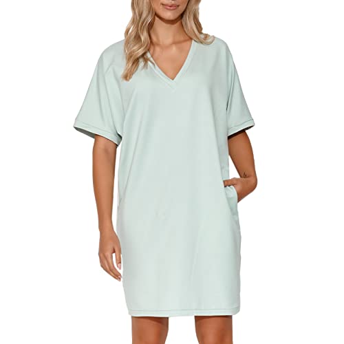 Makadamia Damen Kleid | Größe 40/42 | Farbe: Mint | Übergröße | Gestrickt | Lässiger Basic-Stil | Bequemer Schnitt | V-Ausschnitt | Zusammensetzung: 95% Baumwolle, 5% Elasthan von Makadamia