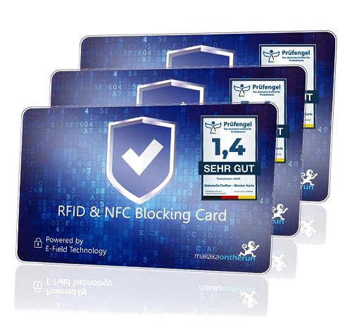 MakakaOnTheRun 3X RFID Blocker Karte (3fach geprüft: DEKRA + EMV + HF-Labor) 360° Schutzkarte für Geldbörse - NFC Blocker Karte - Schutzkarte gegen Datenklau - RFID Blocker Card von MakakaOnTheRun