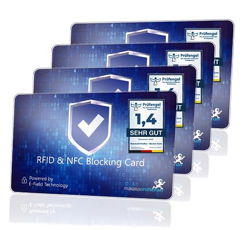 MakakaOnTheRun 4X RFID Blocker Karte (3fach geprüft: DEKRA + EMV + HF-Labor), 360° Schutzkarte für Geldbörse, NFC Blocker Karte - Schutzkarte gegen Datenklau - RFID Blocker Card von MakakaOnTheRun