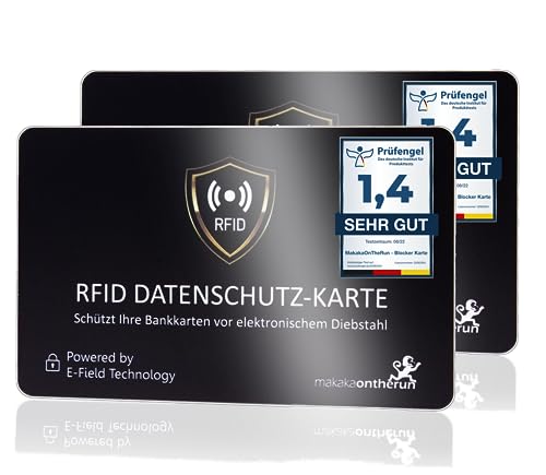 MakakaOnTheRun 2X RFID Blocker Karte (3fach geprüft: DEKRA + EMV + HF Labor) - 360° Schutzkarte für Geldbörse - NFC Blocker Karte - Schutzkarte gegen Datenklau - RFID Blocker Card von MakakaOnTheRun