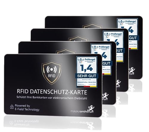 MakakaOnTheRun 4X RFID Blocker Karte (3fach geprüft: DEKRA + EMV + HF-Labor) 360° Schutzkarte für Geldbörse - NFC Blocker Karte - Schutzkarte gegen Datenklau - RFID Blocker Card von MakakaOnTheRun