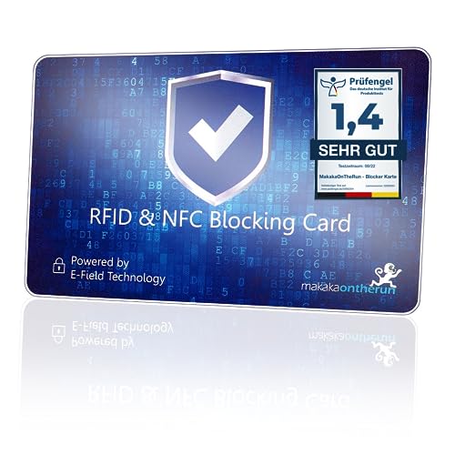 MakakaOnTheRun RFID Blocker Karte (3fach geprüft: DEKRA + EMV + HF-Labor) 360° Schutzkarte für Geldbörse - NFC Blocker Karte - Schutzkarte gegen Datenklau - RFID Blocker Card von MakakaOnTheRun