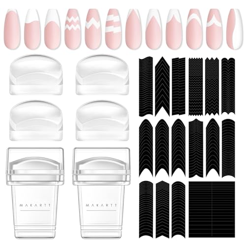 Makartt 12 PCS French Nails Stempel Kit - 2 Pcs Gelee Nagelstempel 4 Pcs austauschbarer Stempelkopf aus Silikon und 6 Blatt French Nails Schablone Maniküre Kanten-Hilfs-Nagelführungsaufkleber von Makartt
