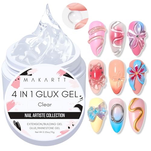 Makartt Builder Gel Nägel - 4 in 1 Flux Aufbaugel für Gelnägel für Rhinestone Glue Extension Nageldesign Weiche, 3D Gel Nail Art Nagel skulptur Gels UV/LED Lampe Erforderlich Klar Clear 15ml von Makartt