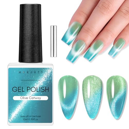 Makartt Cat Eye UV Gel - 10ml Cat Eye Nagellack mit Magnet Stick Temperaturänderung Magnetic Gel Nail Polish Soak Off UV LED Glitzer Gel für Nägel für DIY Manicure Valentinstagsgeschenk,Olive Catway von Makartt