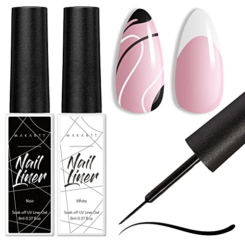 Makartt Gel nagellack Liner-Set 2 * 8ML Schwarz & Weiß, Zweifarbiges französisches Gel liner nail art für den DIY-Salon Nagel Design,UV-härtendes Nail polish eingebautes dünnes Pinsel-Maniküre-Set von Makartt