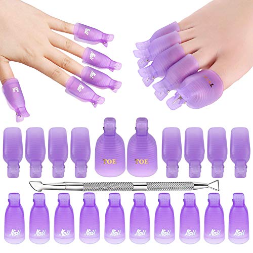 Makartt Nail Clips to Remove Gel Polish, with Double Ended Metal Cuticle Pusher, 20 Pcs Plastic Resuable Finger and Toe Nail Soak Off Clips for Removal Acrylic Art Nail Polish Remover Cap Clip, Lila von Makartt