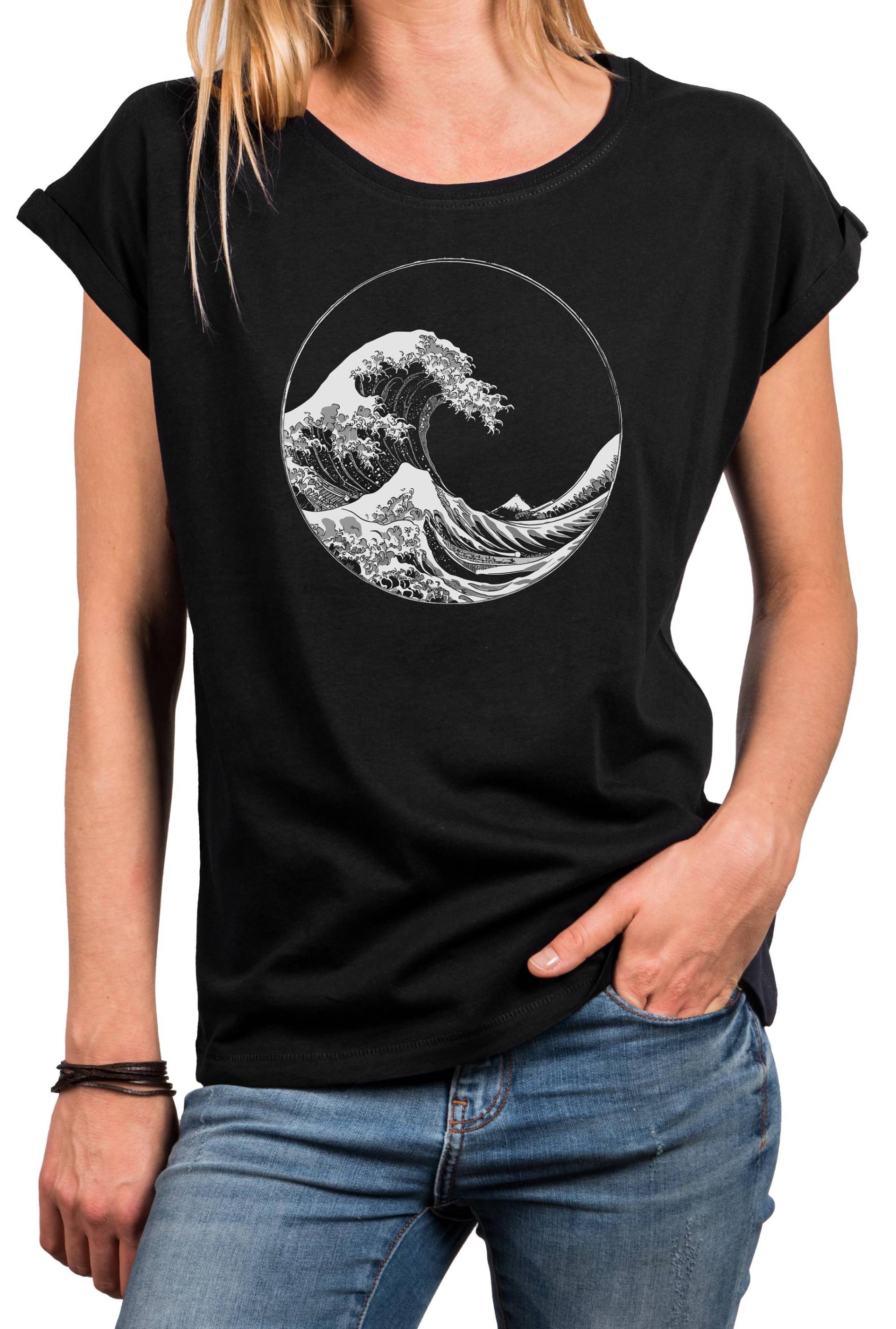 Baumwolle Damen T-Shirt Mit Wellen Motiv - Maritimes Sommer Shirt Surf & Beach Style Freizeit Top Für Sonne, Urlaub Und Strand Xs-5Xl von MakayaShirts