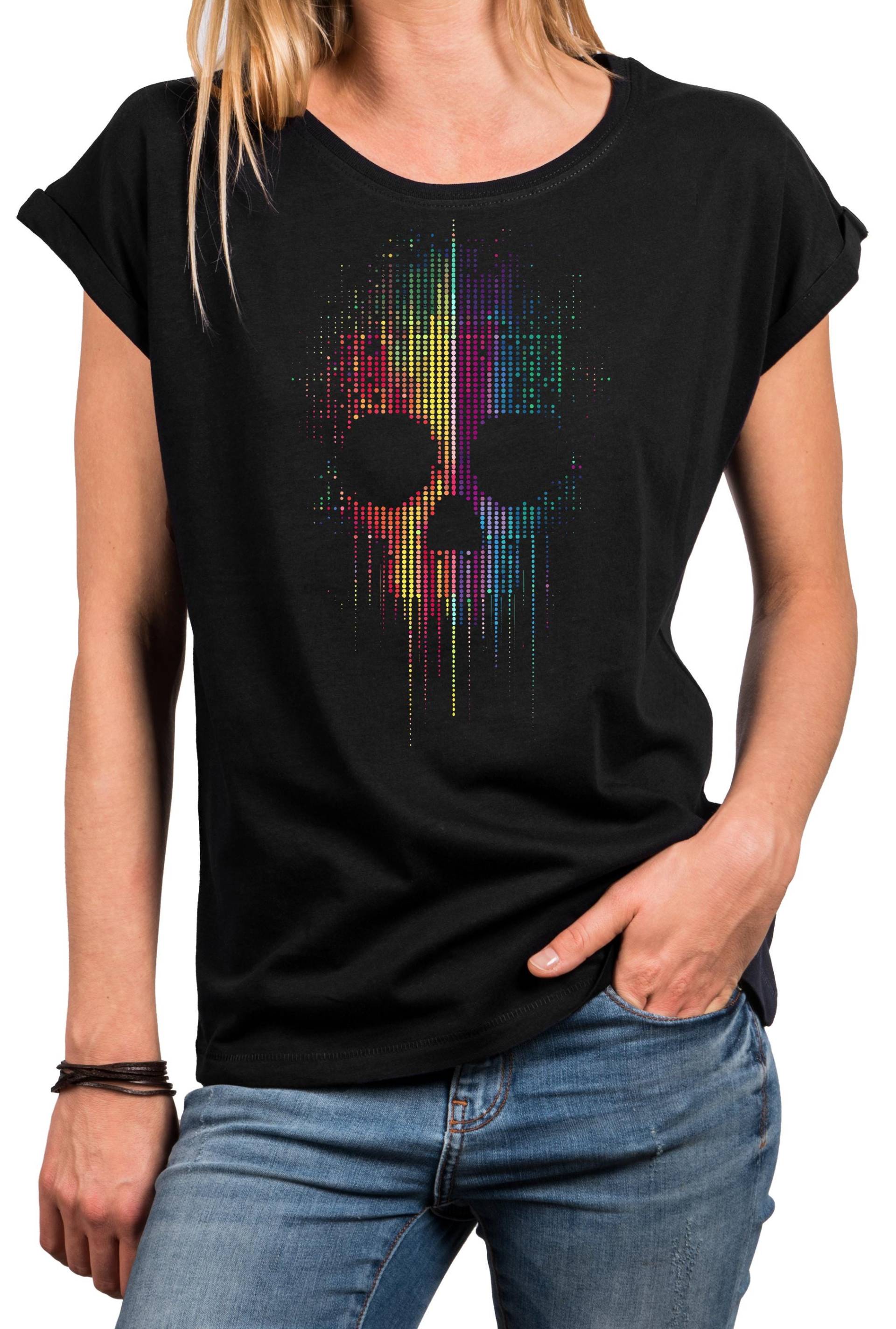 Damen T-Shirt Im Gothic Stil Mit Skull & Buntem Print - Kurzarm Baumwollshirt Für Alltag, Festival, Freizeit, Oversize, Große Größen Xs-5Xl von MakayaShirts