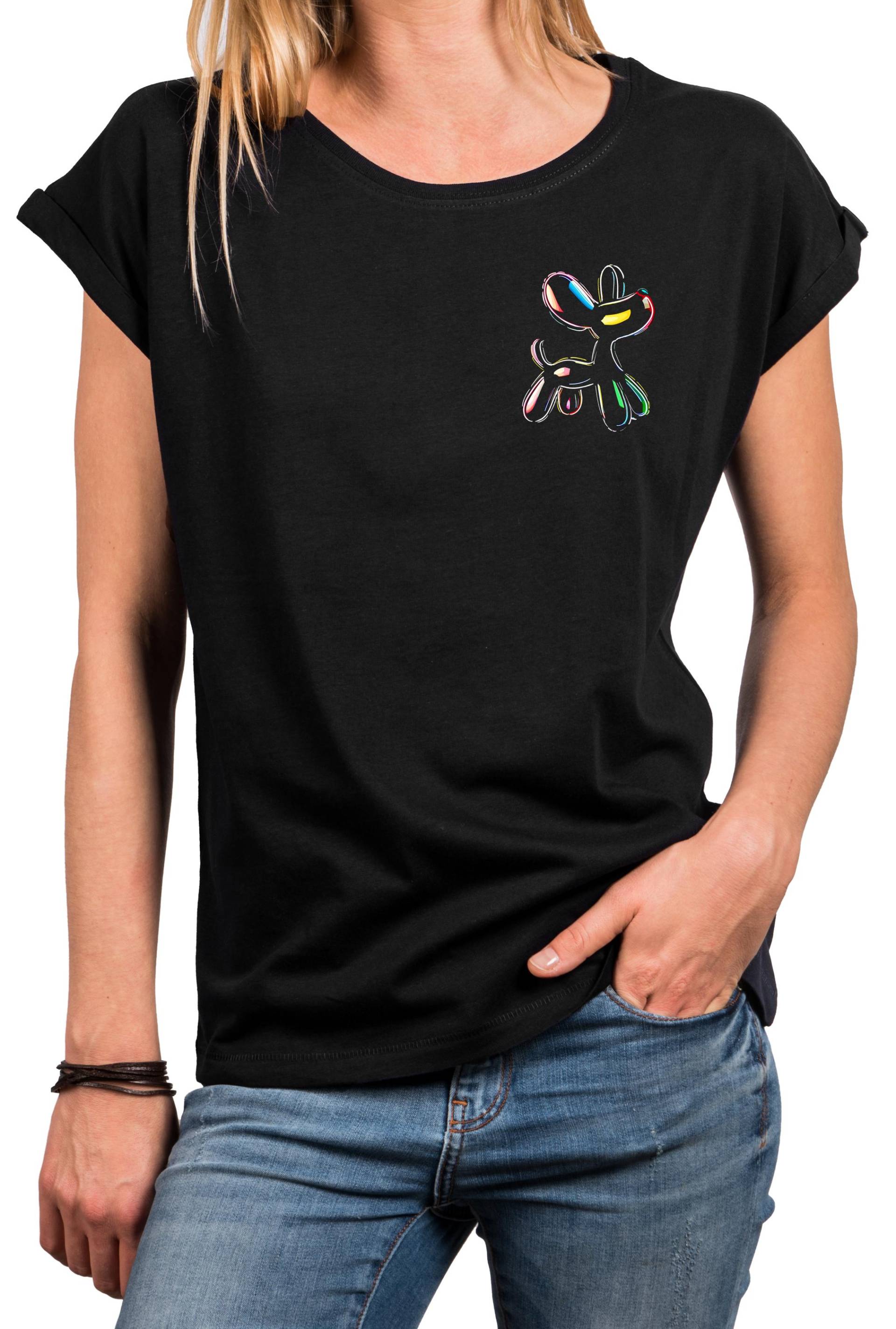 Damen T-Shirt Mit Buntem Ballonhund - Lustiges Hunde Motiv Im Pop Art Streetwear Style Geschenk Für Hundeliebhaberinnen, Baumwolle, Xs-5Xl von MakayaShirts
