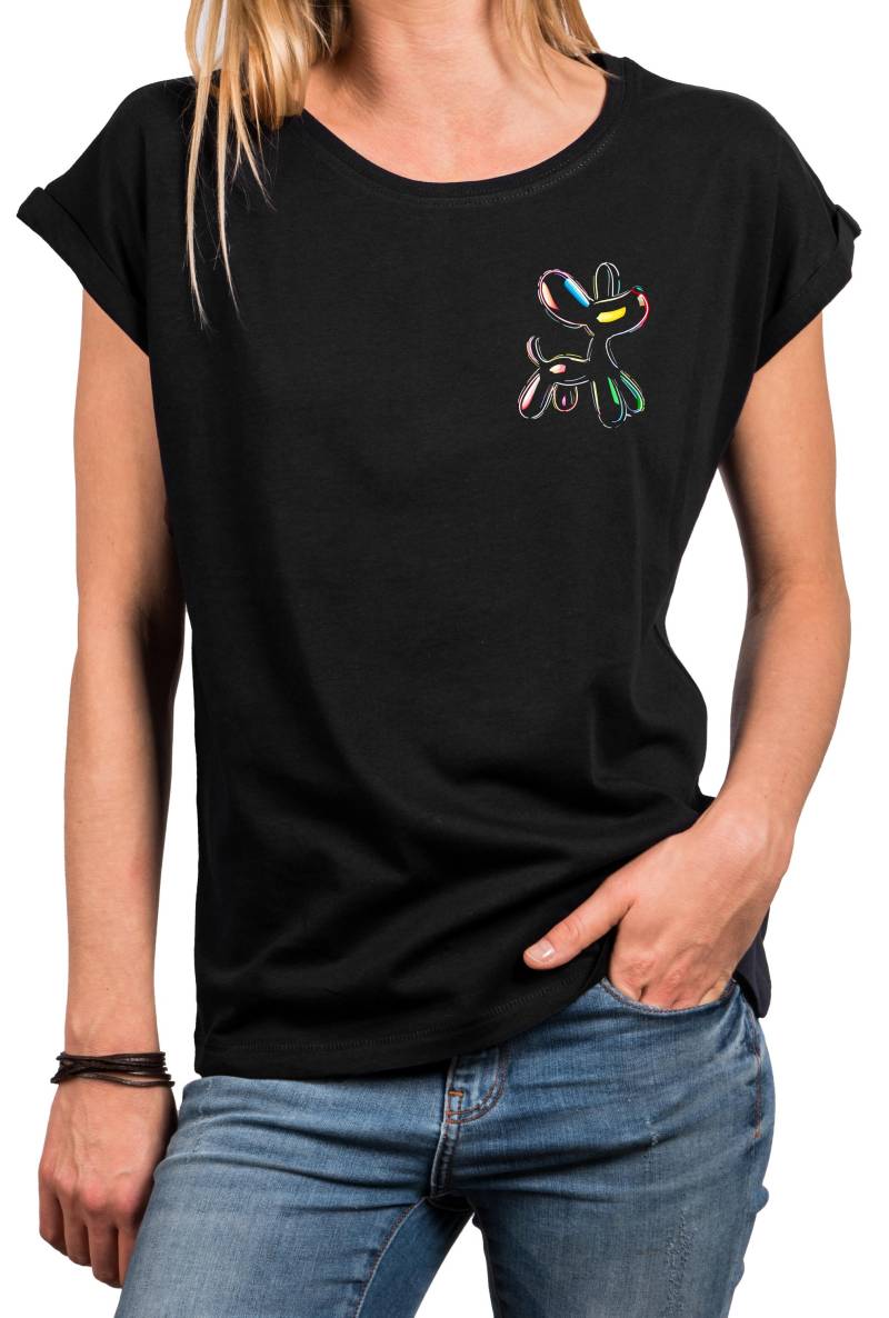 Damen T-Shirt Mit Buntem Ballonhund - Lustiges Hunde Motiv Im Pop Art Streetwear Style Geschenk Für Hundeliebhaberinnen, Baumwolle, Xs-5Xl von MakayaShirts