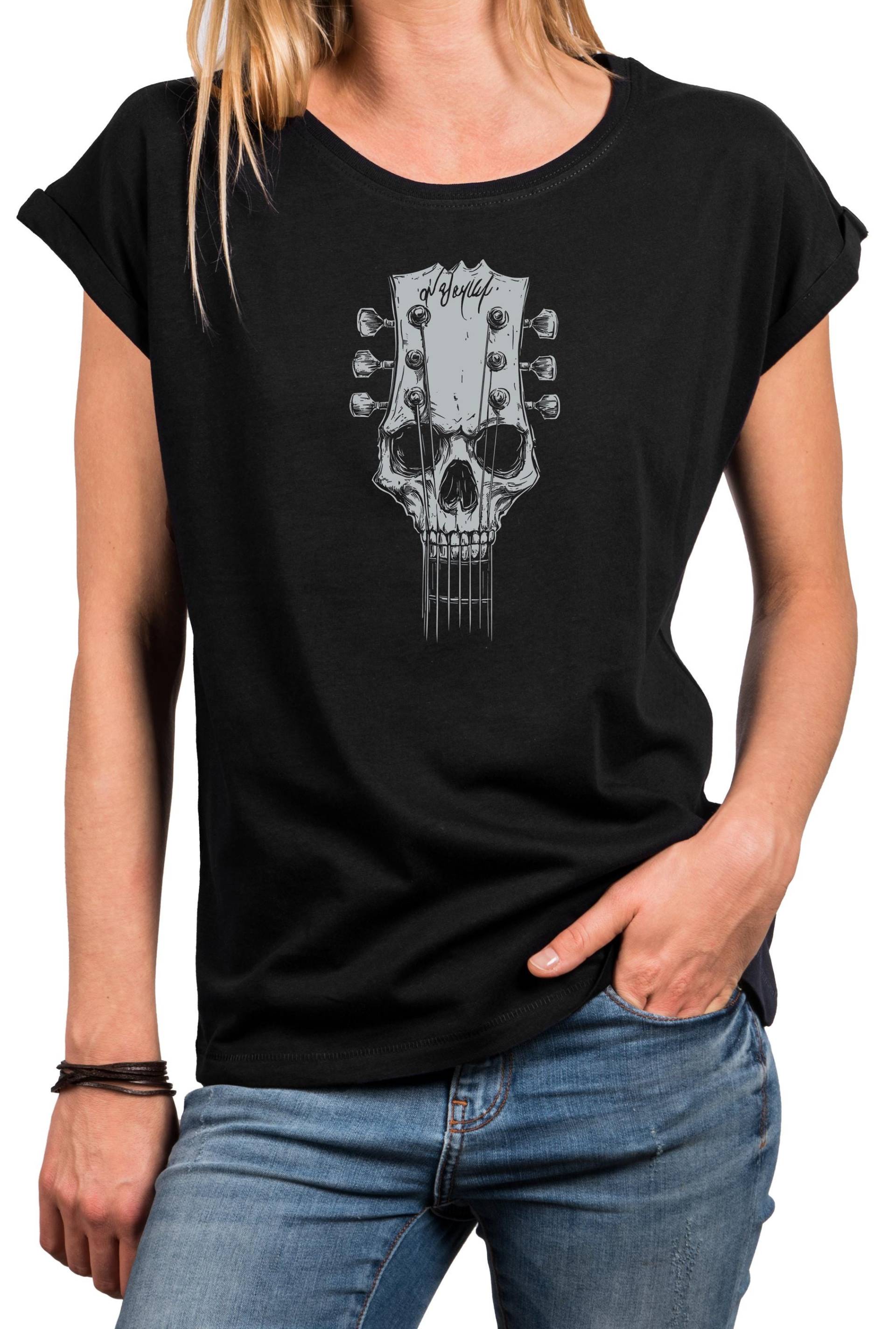 Damen T-Shirt Mit Gitarre - Bedrucktes Rockshirt Im Band- Und Festival Style Kurzarm Printshirt Aus Baumwolle in Schwarz, Blau, Grau von MakayaShirts