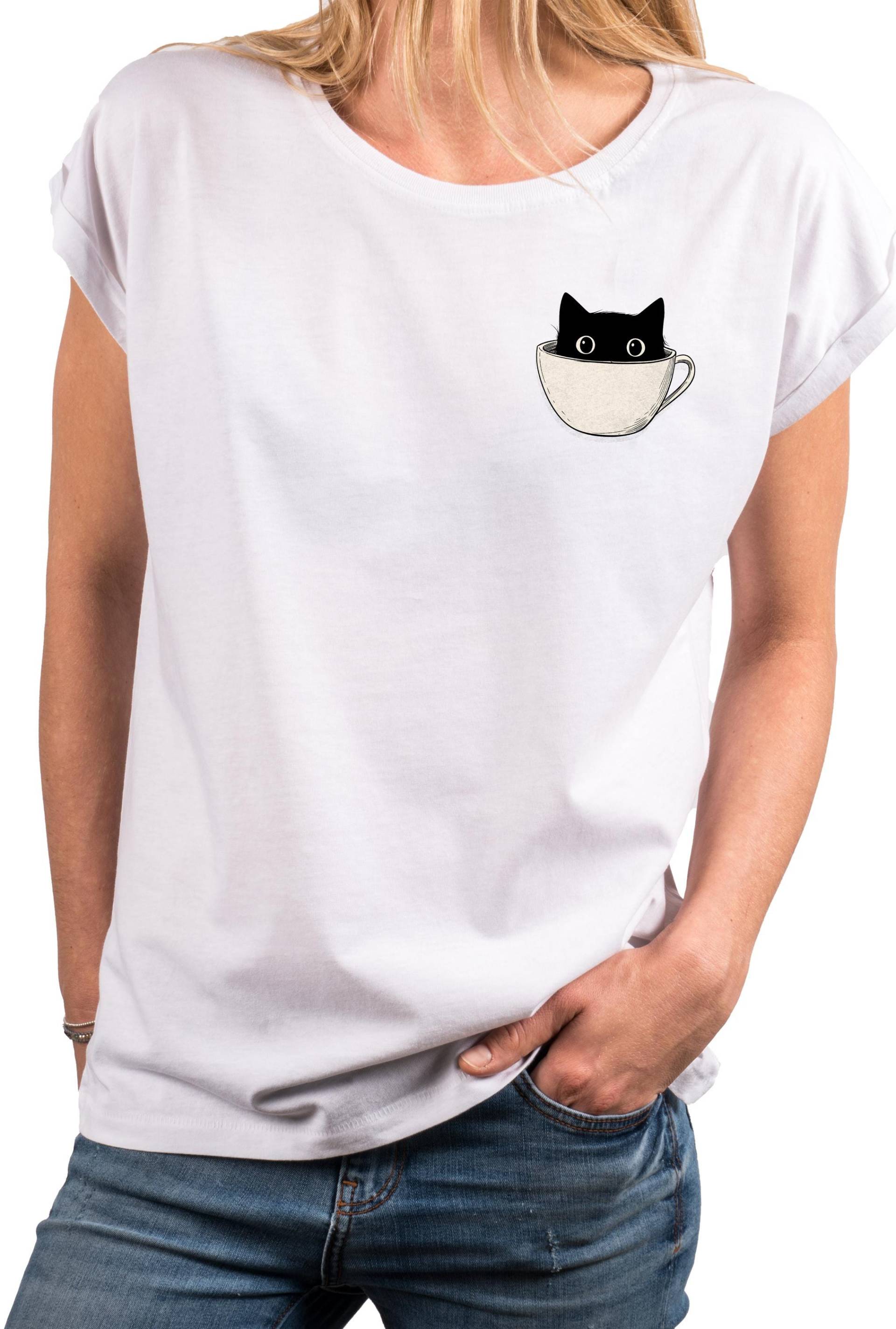 Damen T-Shirt Mit Kleinem Druck Katze in Kaffeetasse - Kurzarm Shirt Aus Baumwolle, Lustiges Katzenmotiv, Oversize, Große Größen Xs 5Xl von MakayaShirts