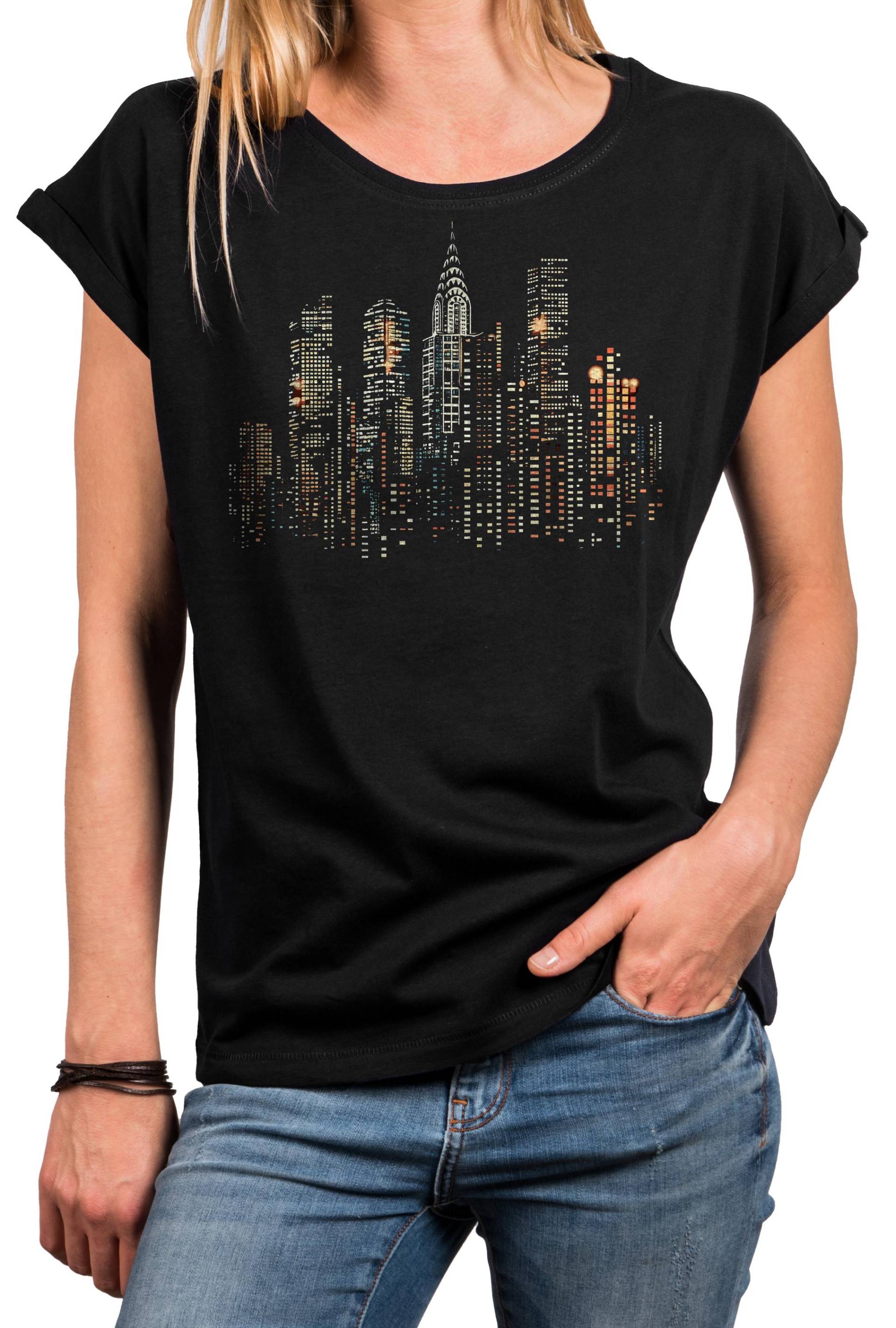 Damen T-Shirt Mit Usa Skyline & Bunten Punkten - Kurzarm Shirt New York Print, Baumwolle, Für Urlaub, Freizeit, Geschenke, Oversize von MakayaShirts