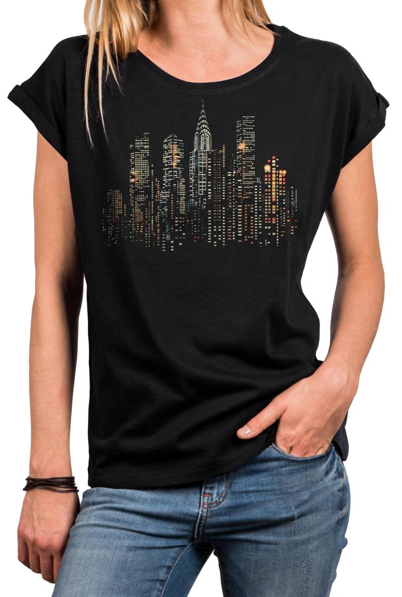Damen T-Shirt Mit Usa Skyline & Bunten Punkten - Kurzarm Shirt New York Print, Baumwolle, Für Urlaub, Freizeit, Geschenke, Oversize von MakayaShirts