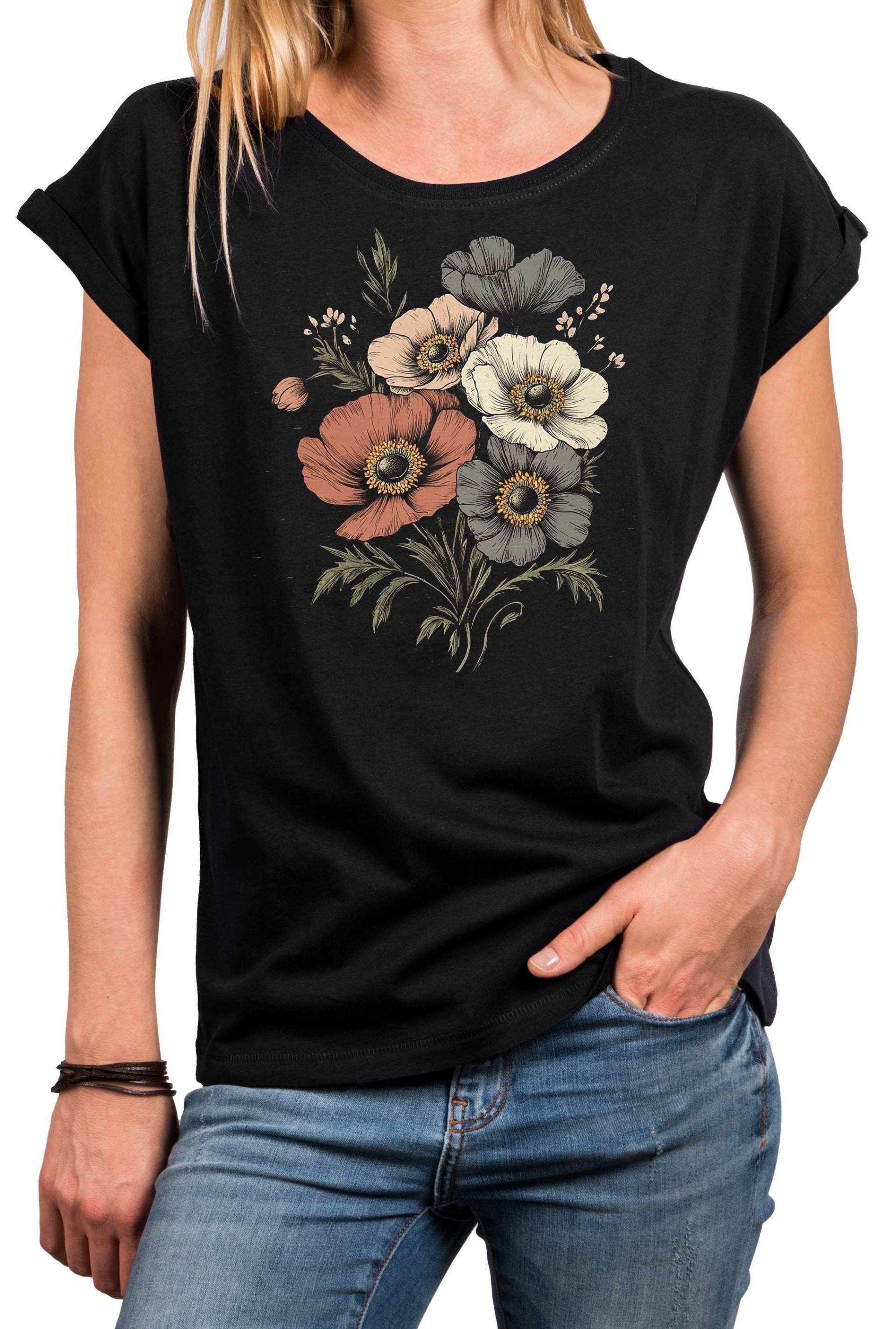 Damen T-Shirt Mit Vintage Blumen Print - Boho Retro Shirt Blumendruck Aus Baumwolle Kurzarm Sommer Top in Schwarz, Blau Oder Grau von MakayaShirts