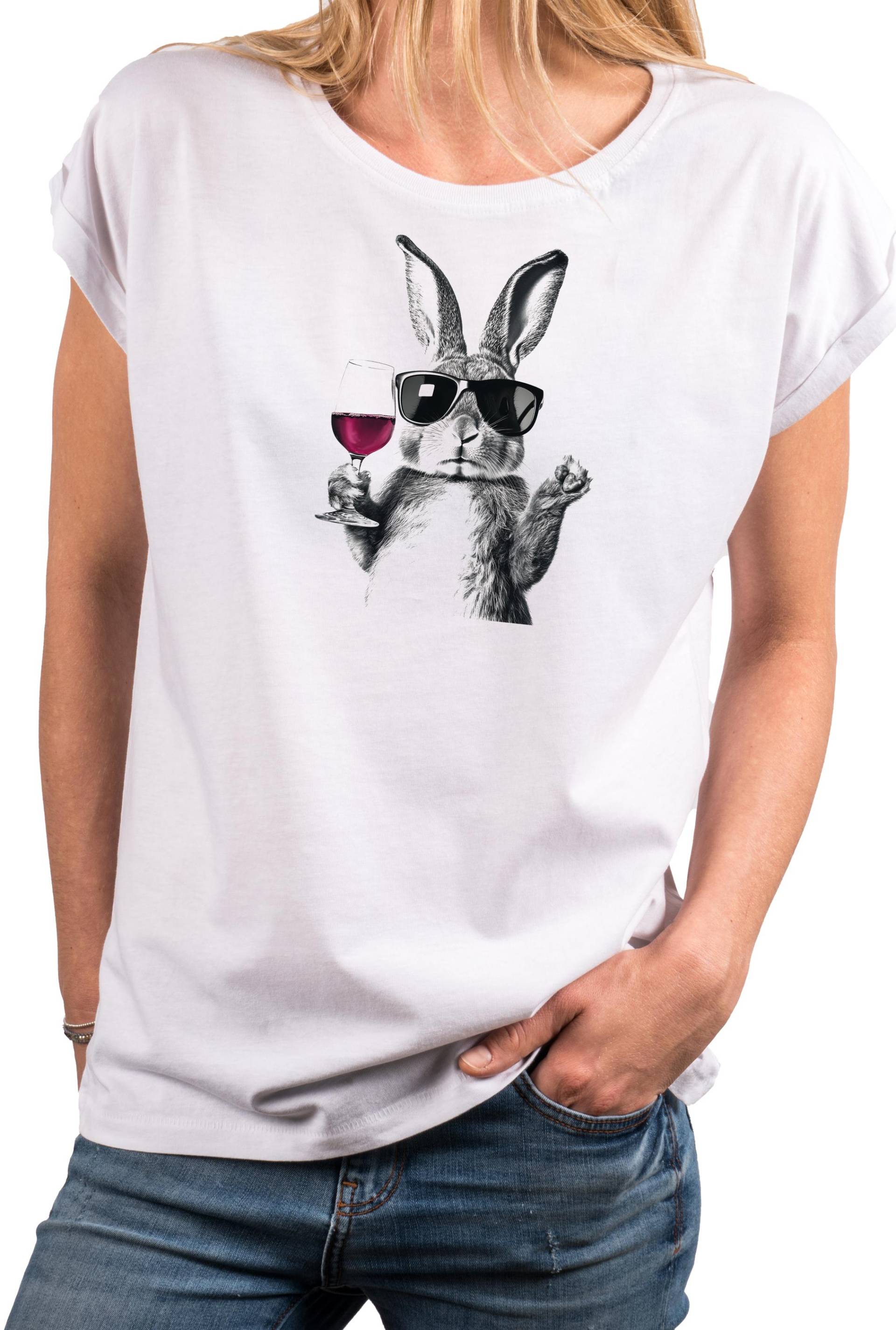 Lustiges Damen T-Shirt Mit Hasenmotiv - Bedrucktes Baumwollshirt Weinglas & Sonnenbrille Rosa, Weiß Oder Hellgrau, Oversize, Xs 5Xl von MakayaShirts