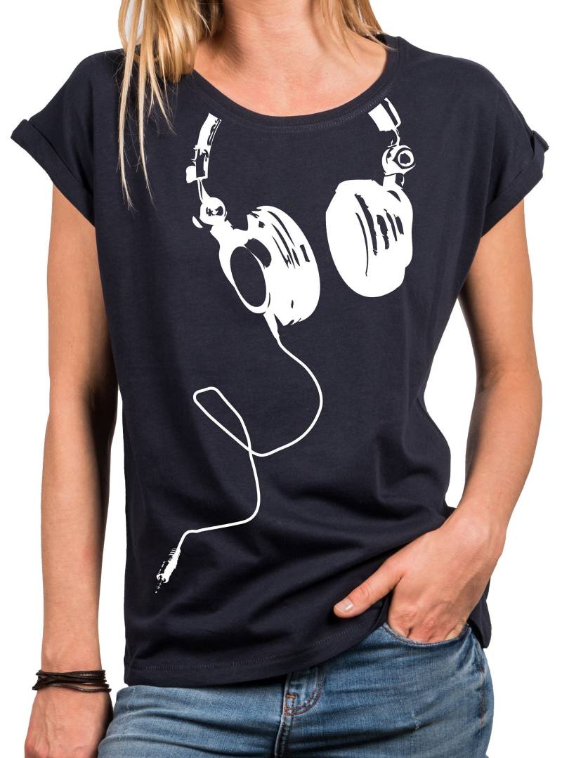 Music Shirt Damen Headphones Große Größen Oversize Schwarz Grau Blau von MakayaShirts