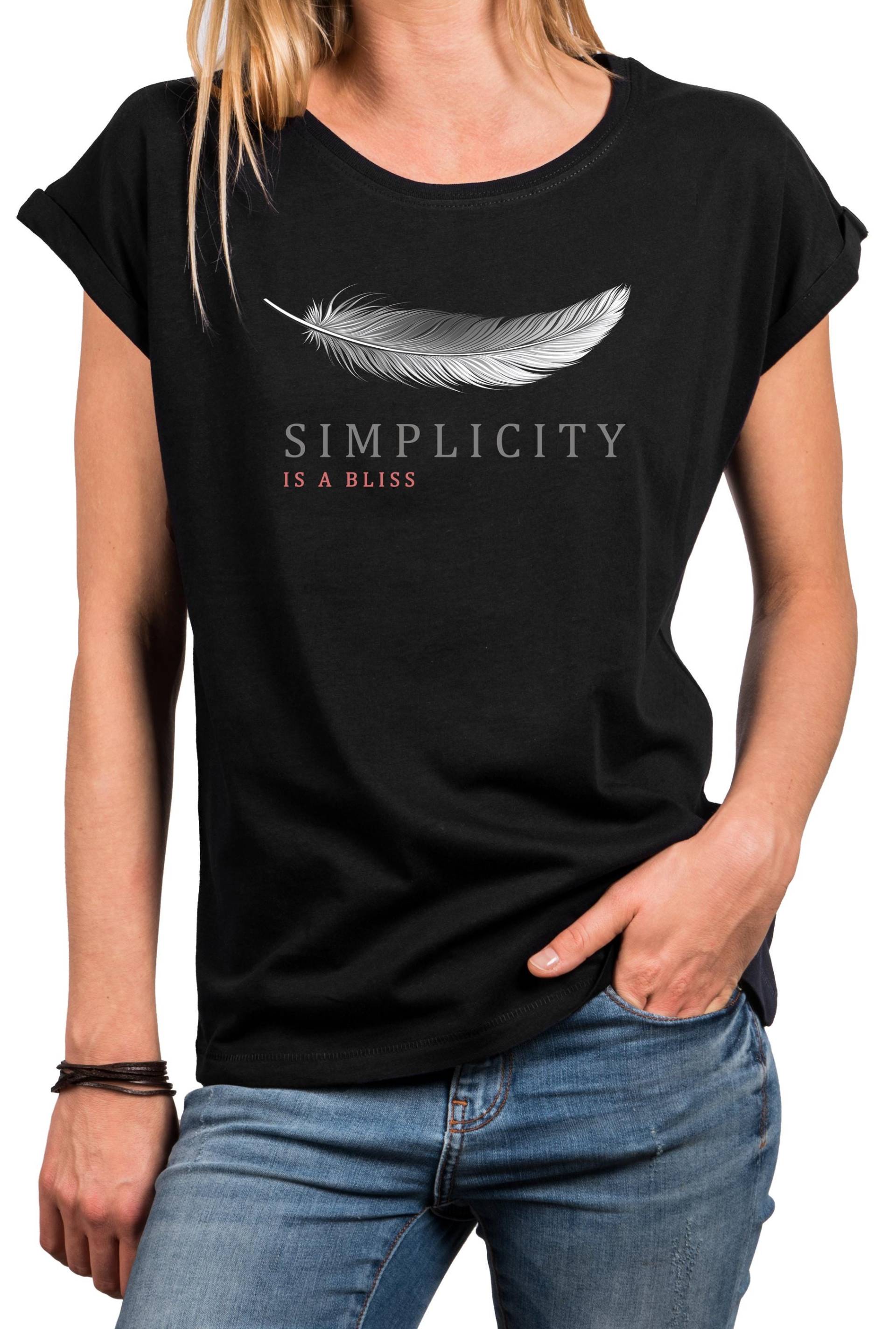 Oversize Damen Shirt Aus Baumwolle - Feder Motiv Im Zen Style Lockeres Kurzarm T-Shirt Yoga Oberteil Für Frauen in Schwarz & Blau Xs-5Xl von MakayaShirts