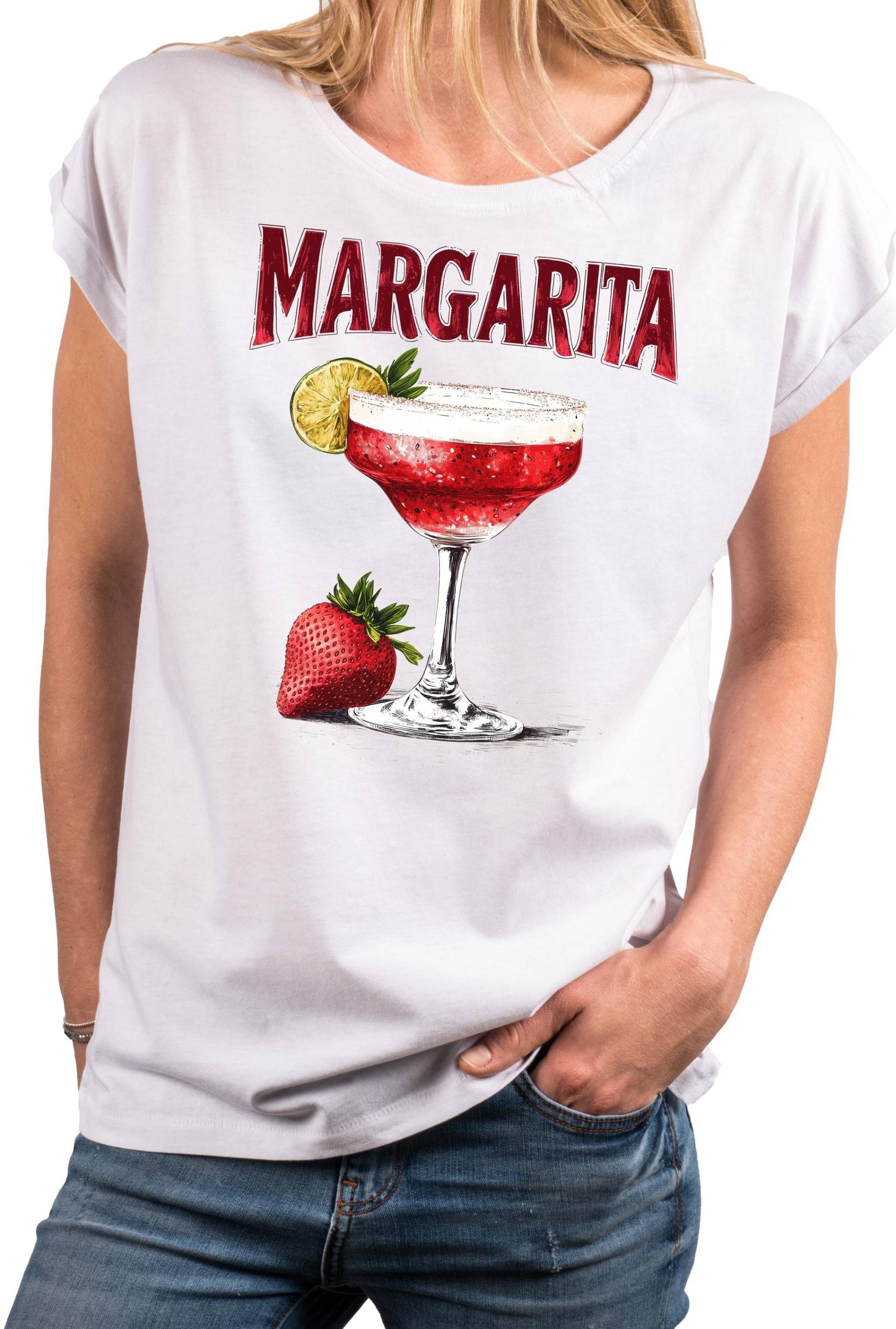 Trendy Damen Shirt Mit Print Margarita Glas Erdbeere Party Festival Outfit Sommer Kurzarm Top Baumwolle Rundhals Große Größen Oversize von MakayaShirts